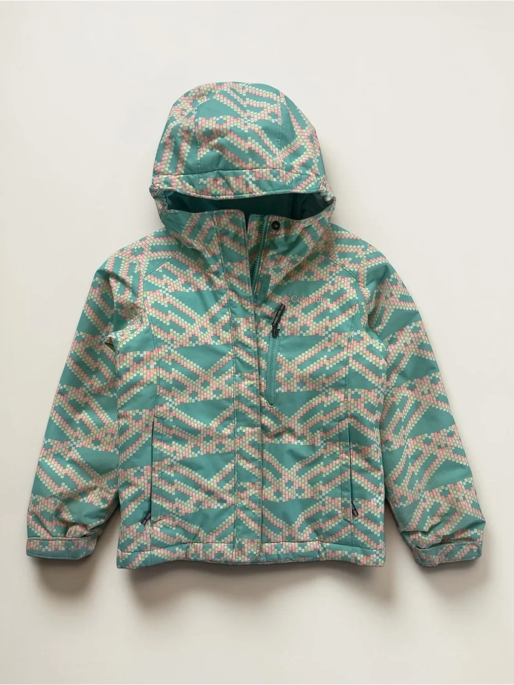 COLUMBIA VGUC Mint Blush Pink Geometric Print Omni-Tech Hooded Winter Jacket